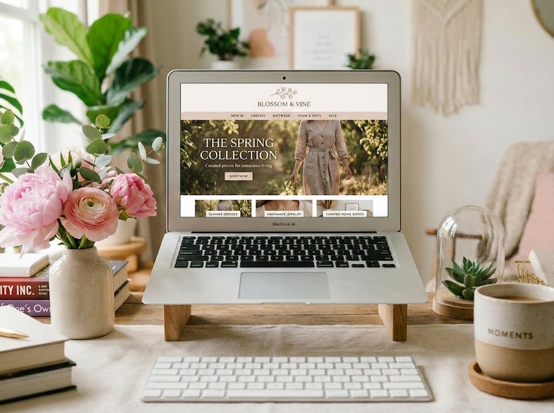 A clean boutique homepage on a laptop screen showing a hero image, product grid, and brand story section